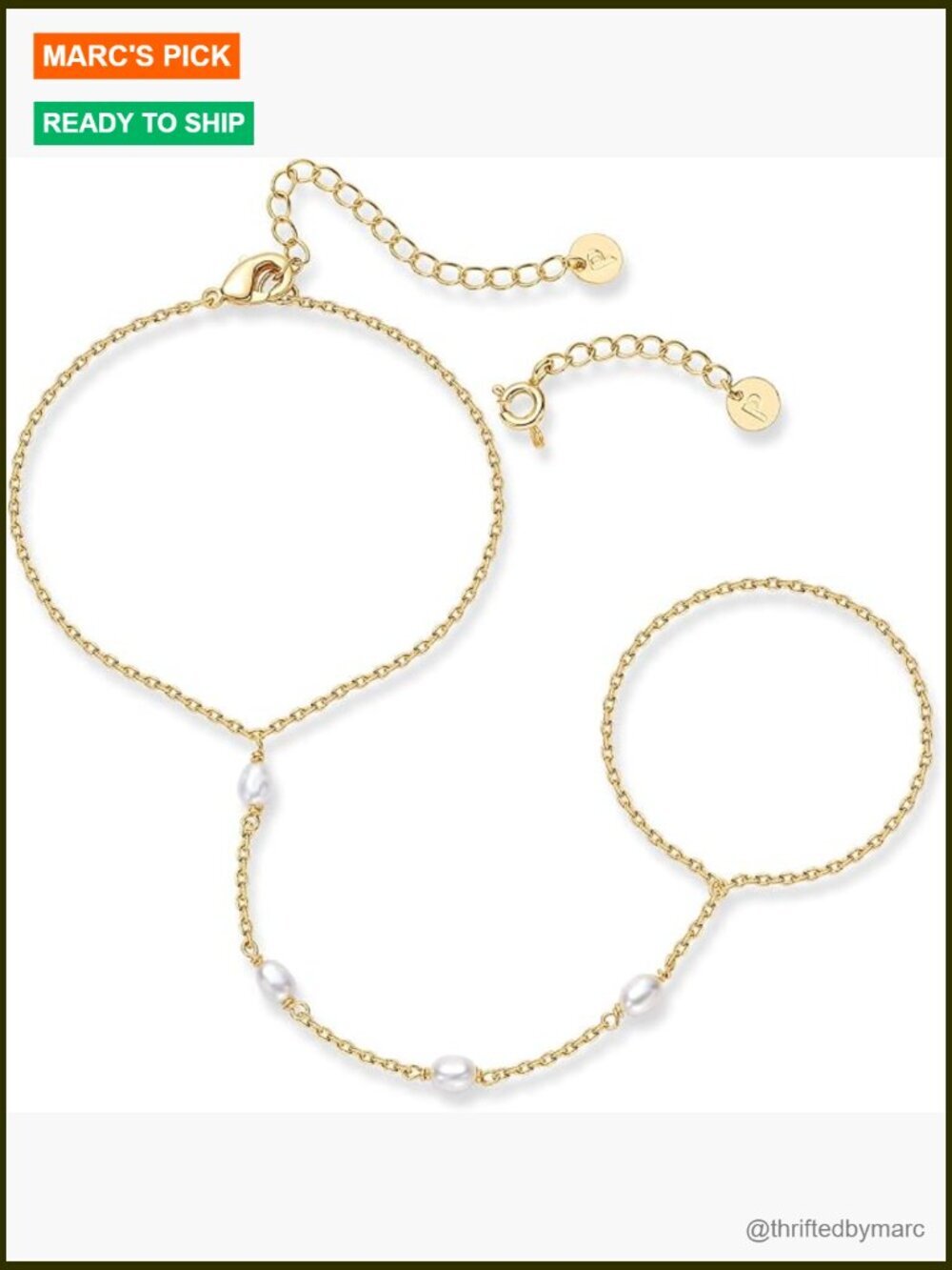 Adjustable Hand Chain Bracelet and Ring Set - Pearl